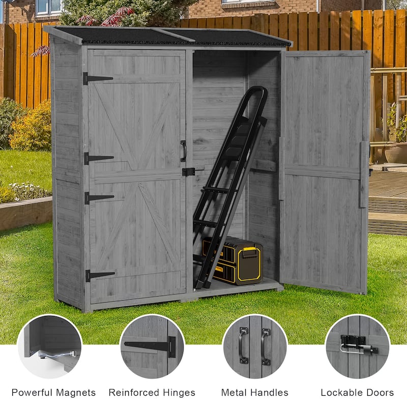 Outdoor Storage Cabinet with 3 Shelves, Wooden Garden Shed with Waterproof Roof