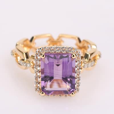 Miadora Yellow Plated Sterling Silver Amethyst, White Topaz & Diamond Accent Halo Link Cocktail Ring