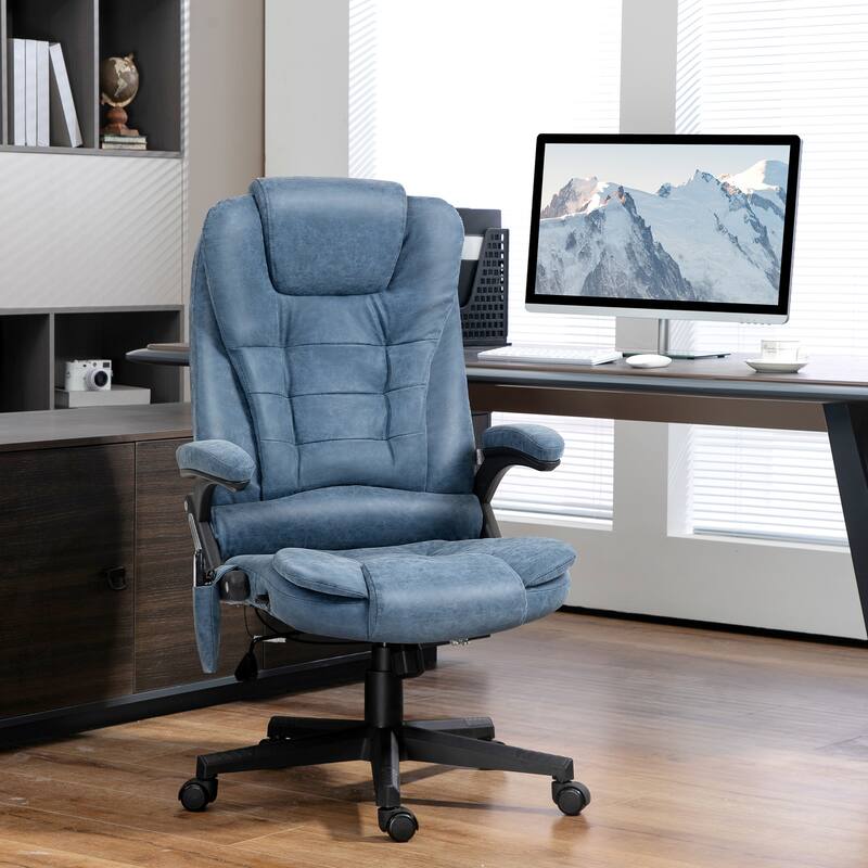 Blue PU Leather 360° Swivel High Back Office Recliner with Vibration Massage, Lumbar Heating, Adjustable Height