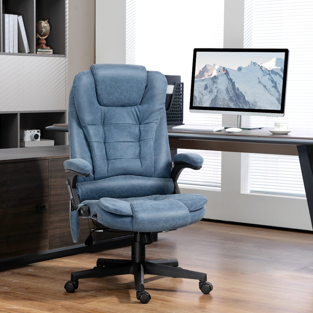 Blue PU Leather Massage Office Chair with Heating Vibration Adjustable Recline Ergonomic - 25.5" W x 28" D x 43.25" -47.25" H