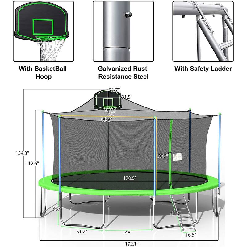 16Ft Trampoline with Enclosure Net Basketball Hoop - High Weight Capacity Big Outdoor Trampoline for Kids and Adults