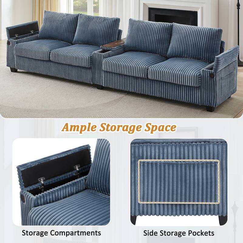 133" Corduroy 4-Seater Sofa with USB Ports, Flip-Top Cup Holders, and Hidden Storage