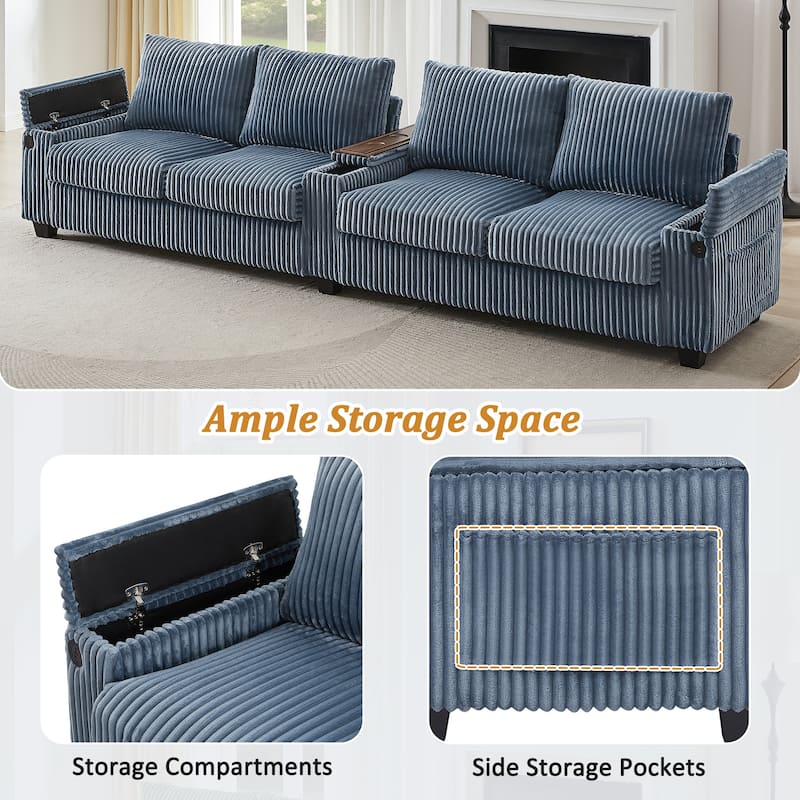 4 Seater Corduroy Sofa Couch with USB Ports and Storage Arms, 133" Modern Sofa with Side Pockets and Flip-Top Cup Holders