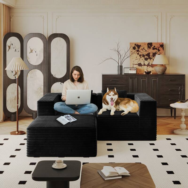 77.17" Sectional Couches for Living Room, Boneless L Shaped Cloud Couch with Ottoman, Modern Corduroy Deep Seat Floor Sofa