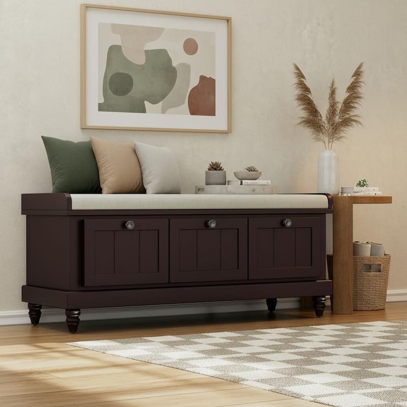 Classic Fluted Shoe Bench with Cushioned Top & Three Drawers by Harper&Bright Designs