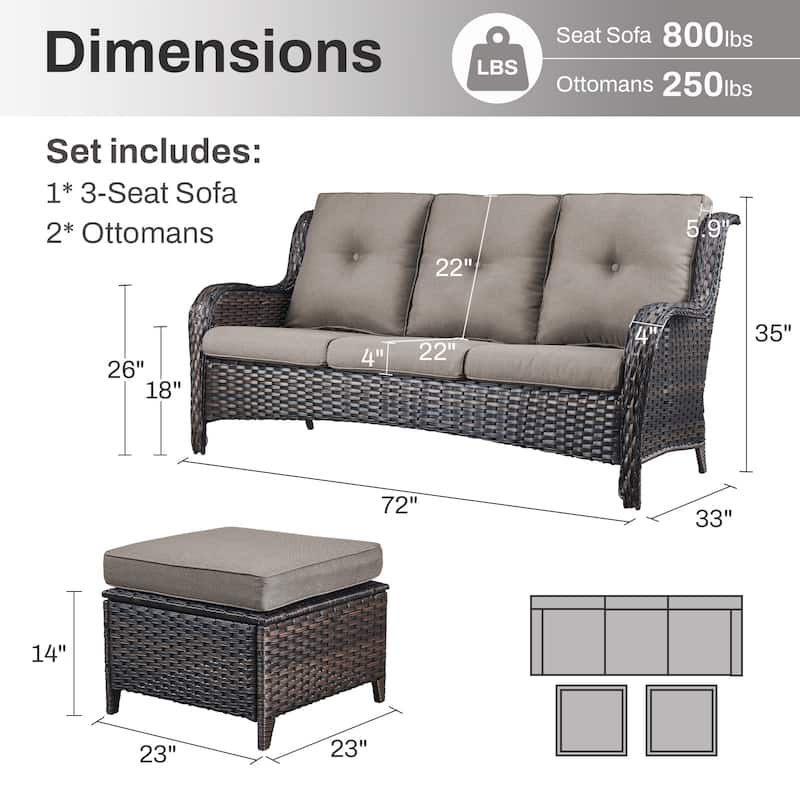 Gymojoy 5-Piece Outdoor Wicker Patio Furniture with 3 Seat Sofa, Rattan Coversation Set with Water Resistant Thick Cushions