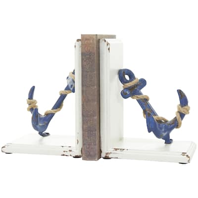 Wood Anchor Distressed Decorative Bookends with Rope Accents and White Wood Stands - Set of 2 Blue - Roche River Decor