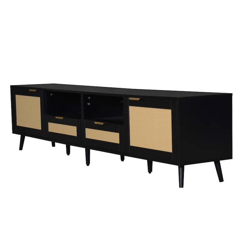 Rattan TV Stand for TVs up to 85", Modern Media Console, Entertainment Center with Solid Wood Legs