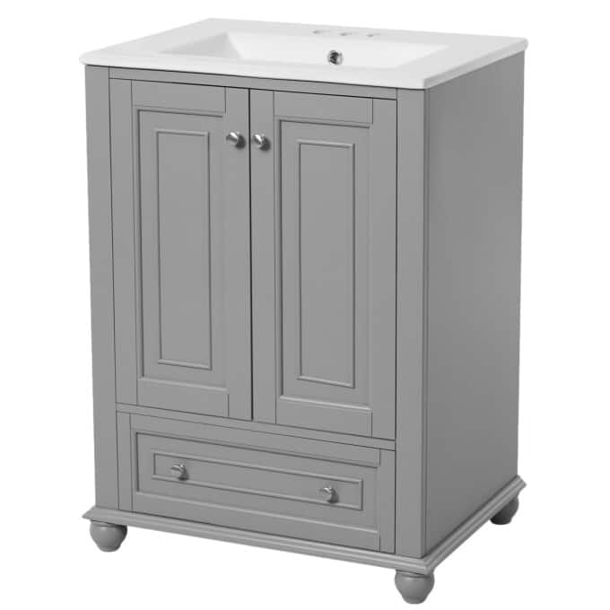 Stylish Gray Bathroom Vanity with Sink, Wooden Floor Storage Cupboard