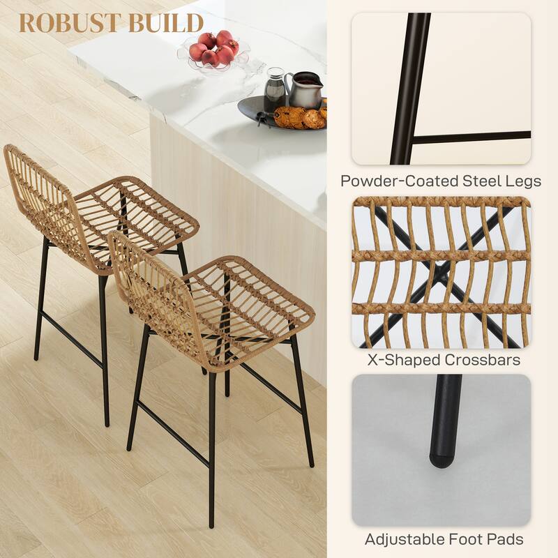 2-Pack Woven Rattan Counter Stools with Steel Legs and Adjustable Feet for Home or Bar Seating - 16.9" W x 22" D x 39.8" H
