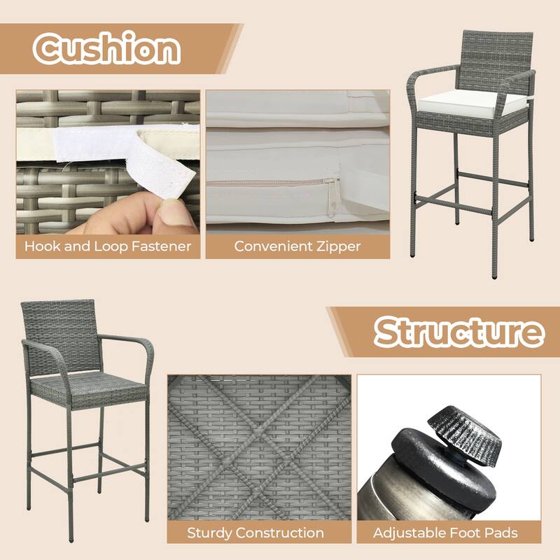 Gymax Set of 2 Rattan Patio Bar Stools Outdoor Bar Height Chairs w/