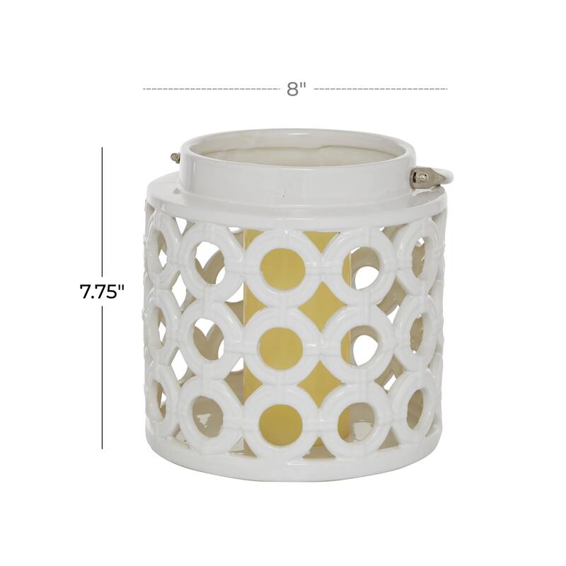 White Ceramic Circles Decorative Indoor Outdoor Candle Lantern with Cut Out Design - 8 x 9 x 8