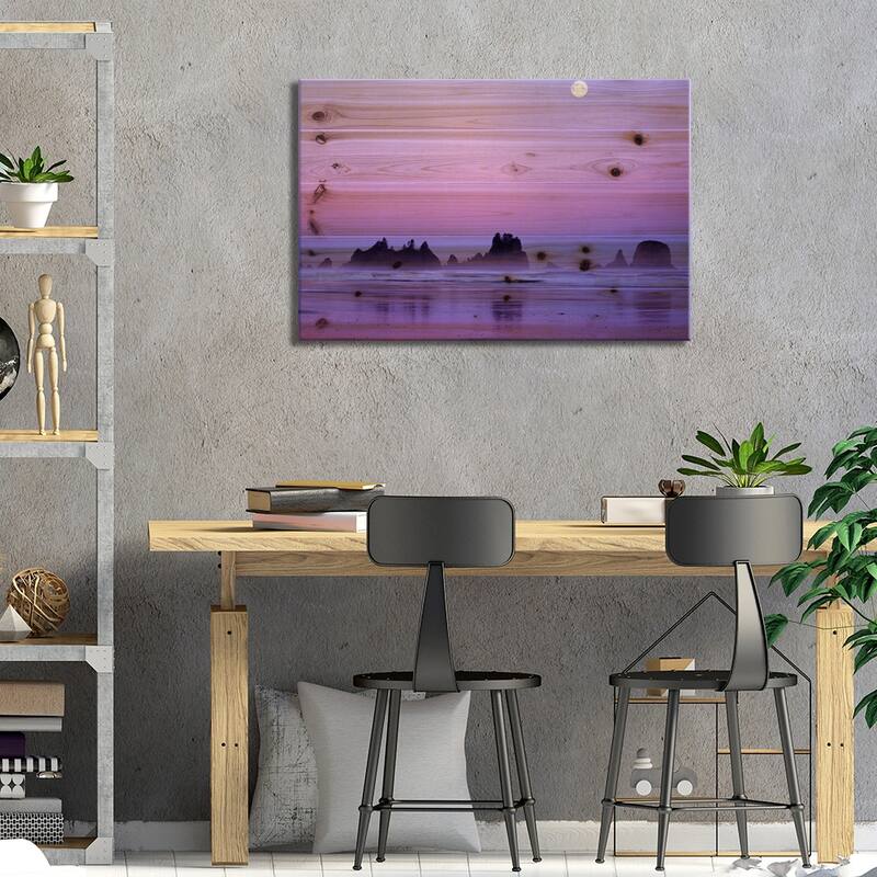 Magnificent Sunset With Full Moon, Shi Shi Beach, Olympic National Park, Washington, USA Print On Wood by Charles Gurche