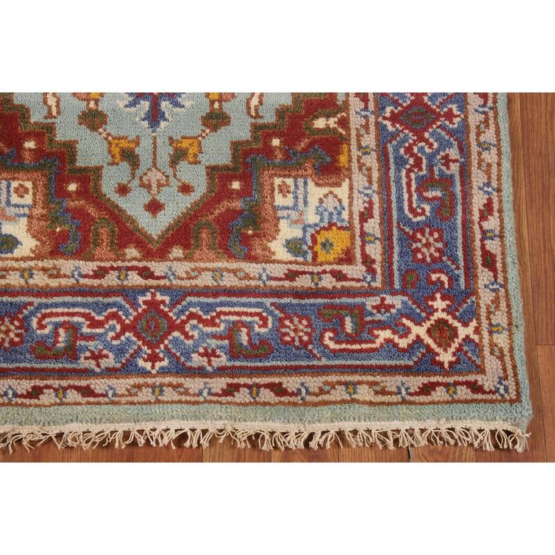Turquoise Geometric Heriz Serapi Foyer Rug Hand-Knotted Wool Carpet - 3'0"x 4'11"