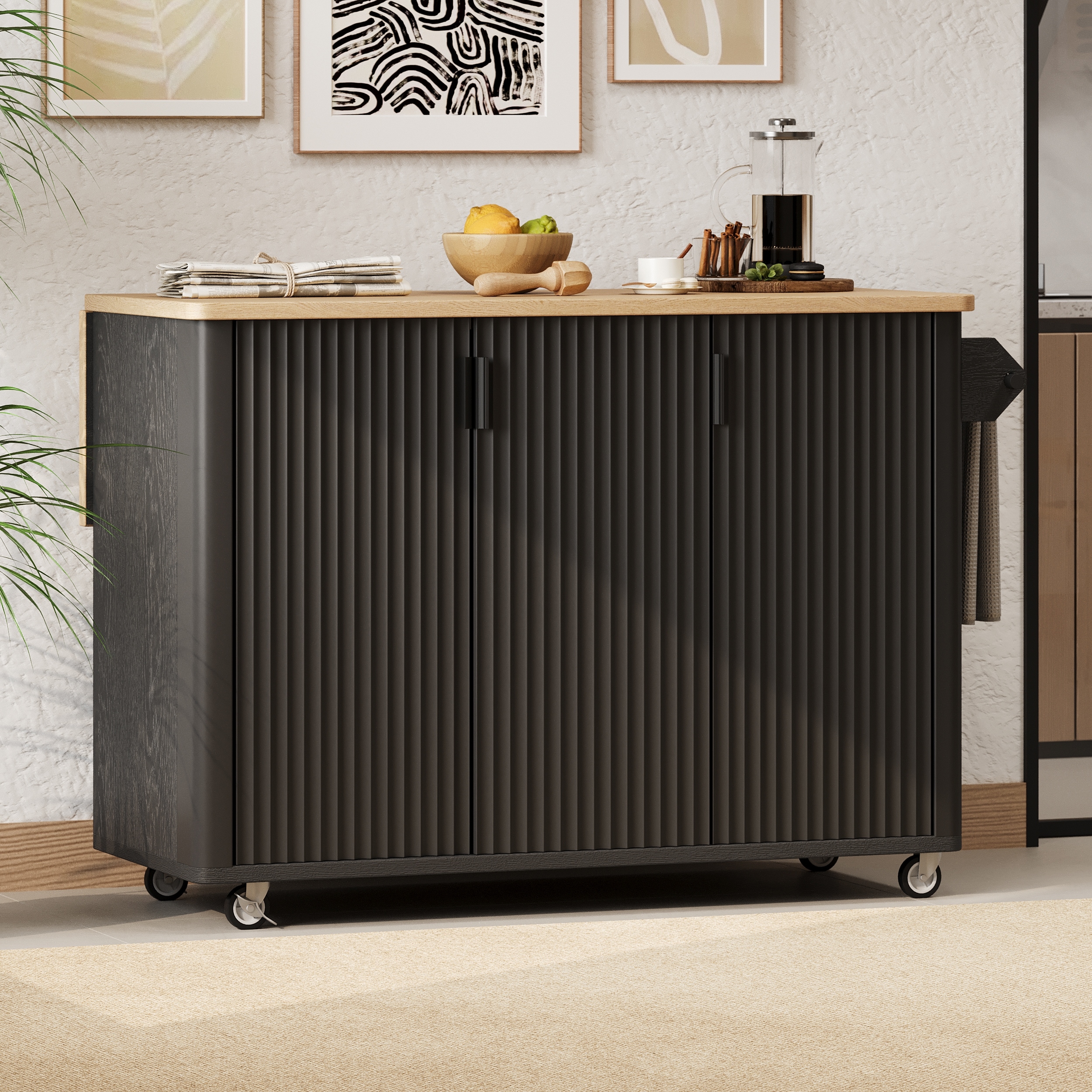 51"Fluted Kitchen Island with Drop Leaf,Accent Kitchen Island on Wheels with Internal Storage Rack,Rolling Cart with Towel Rack