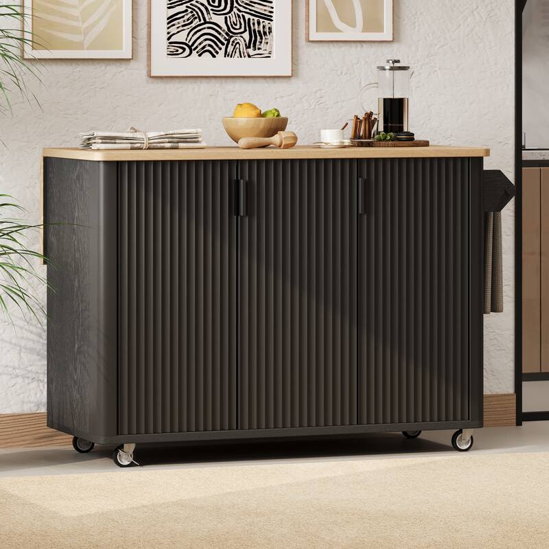Kitchen Island with Drop Leaf, Farmhouse Kitchen Island on Wheels with Internal Storage Rack, Towel Rack for Kitchen - Black