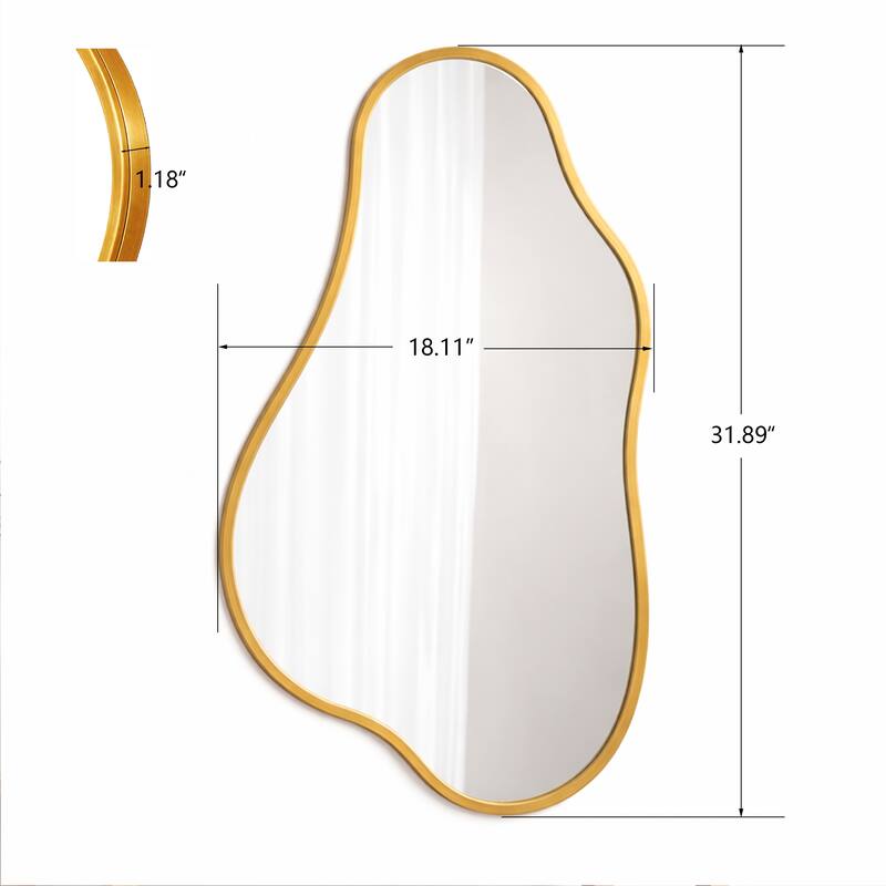 A modern-style, irregularly shaped wall-mounted mirror with a gold frame, suitable for a dressing table or bathroom