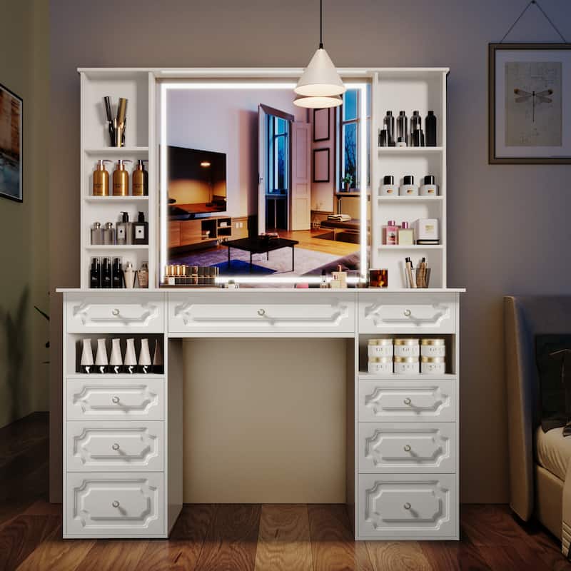 White/ Black Makeup Vanity with Lighted Mirror,Extra Large Vanity Desk with 9 Drawers,European Style Vanities - White