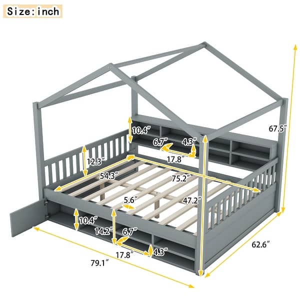 dimension image slide 2 of 4, Wooden House Headboard Bed Frame w/ Shelves & Mini-cabinet, Unisex