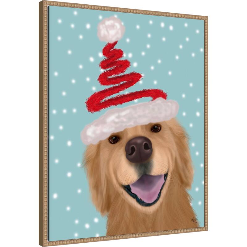Christmas Golden Retriever and Spring Santa Hat by Fab Funky (23 x 28 in.), Framed Canvas Wall Art Print