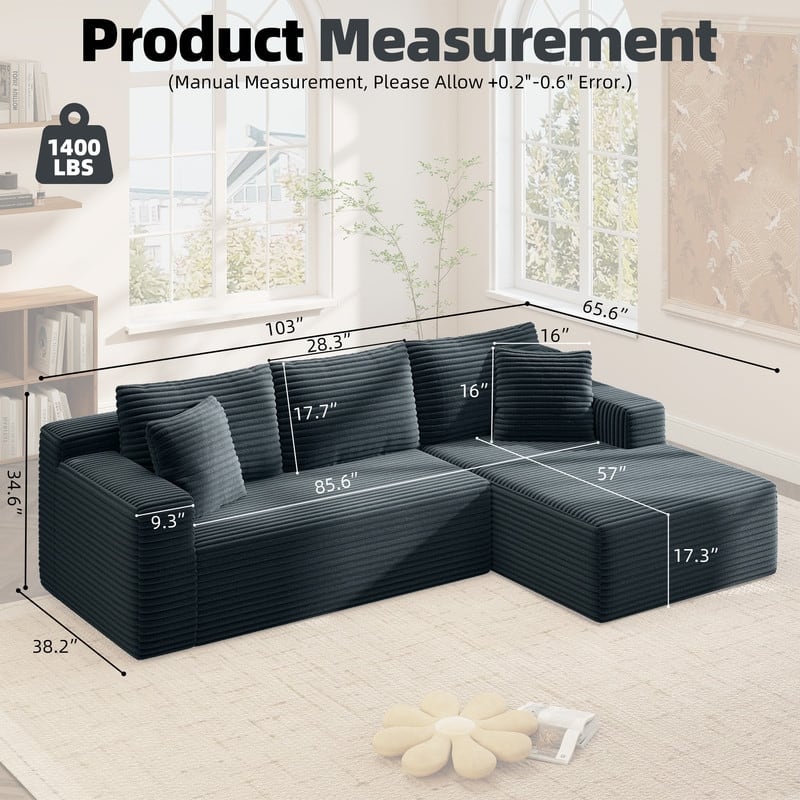 Rossetta L-Shaped Modular Cloud Corduroy Sectional Sofa with Deep Seat, Right Facing