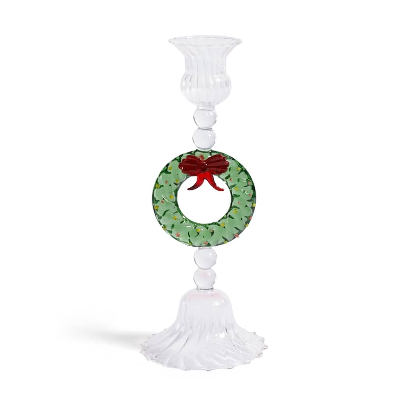 Holiday Wreath Taper Candle Holders, Set of 4 - Clear & Green