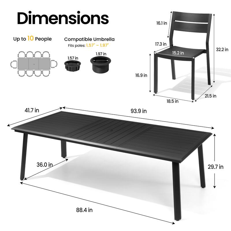 7/9/11/13-Piece Patio Dining Set Outdoor All-Weather Aluminum Dining Table with Umbrella Hole and Stackable Chairs