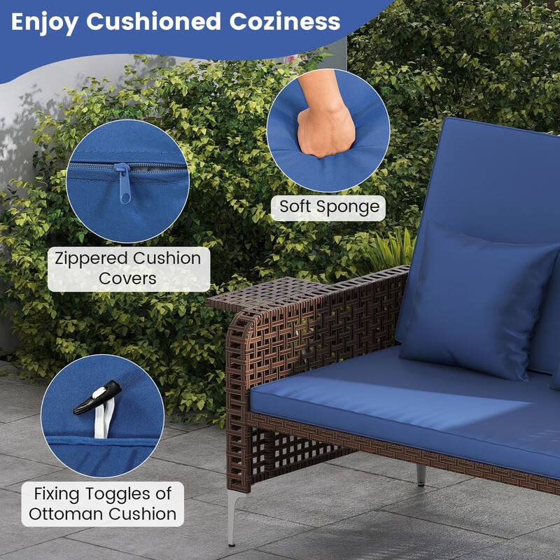 2 Piece Mix Brown Rattan Outdoor Daybed Loveseat and Ottoman Set with Adjustable Backrest - 50” x 48” x 35”