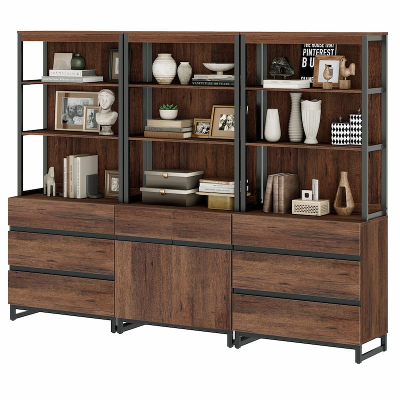 WAMPAT 3-Piece Modern 72" Tall Bookcase with 6 Drawers and Adjustable Shelves