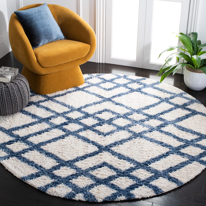 SAFAVIEH Berber Shag Janni Moroccan 1.2-inch Thick Rug - 6'7" Round - Ivory/Blue