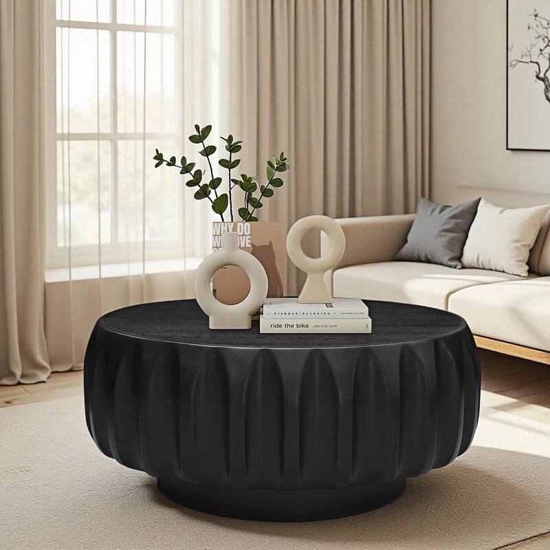 Round Coffee Table, Drum Coffee Table Contemporary Wood Round Coffee Table with Fluted Centry Table