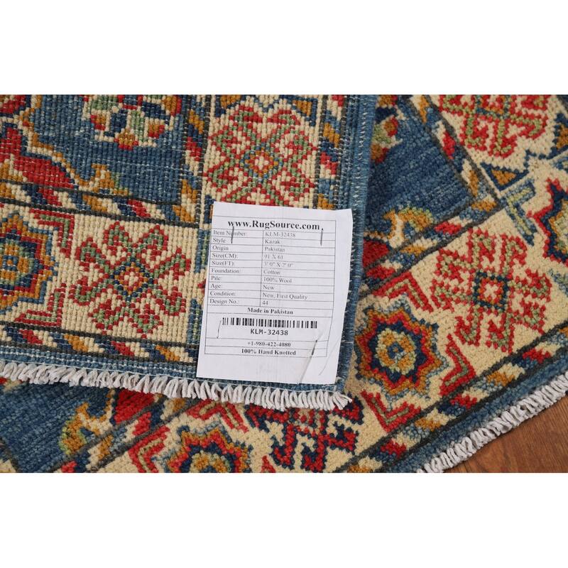 Blue Geometric Kazak Oriental Foyer Rug Handmade Wool Carpet - 2'0" x 3'0"