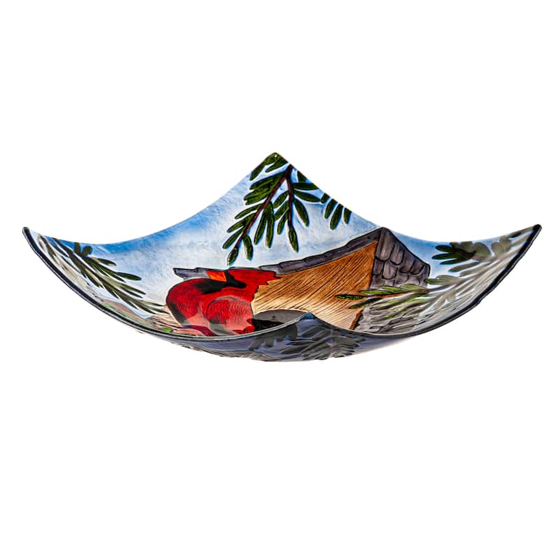 Cardinal 16.5 in. Hand Painted and Embossed Square Glass Bird Bath
