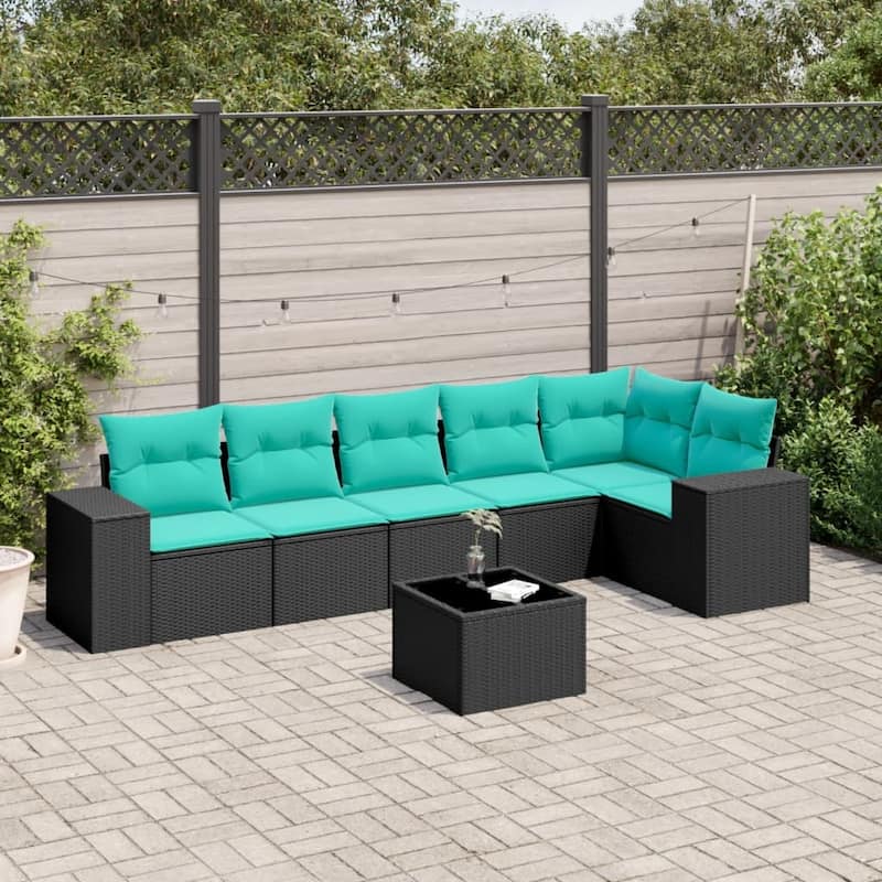 vidaXL 6 Piece Patio Sofa Set with Cushions Black Poly Rattan - 21.7 x 24.4 x 27.2-With table