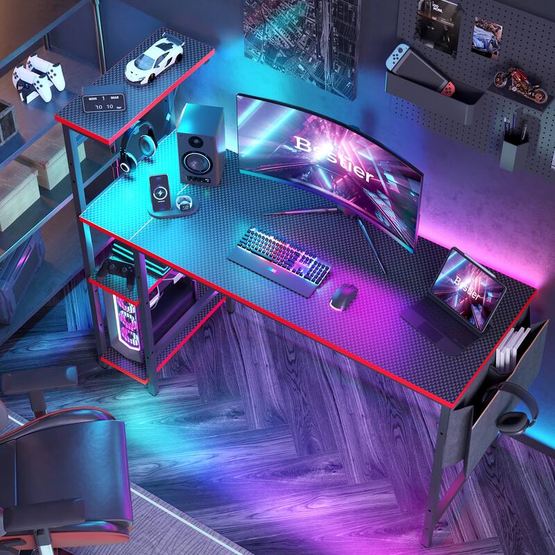 Computer Desk Home Office Desk with LED & Adjustable Shelves