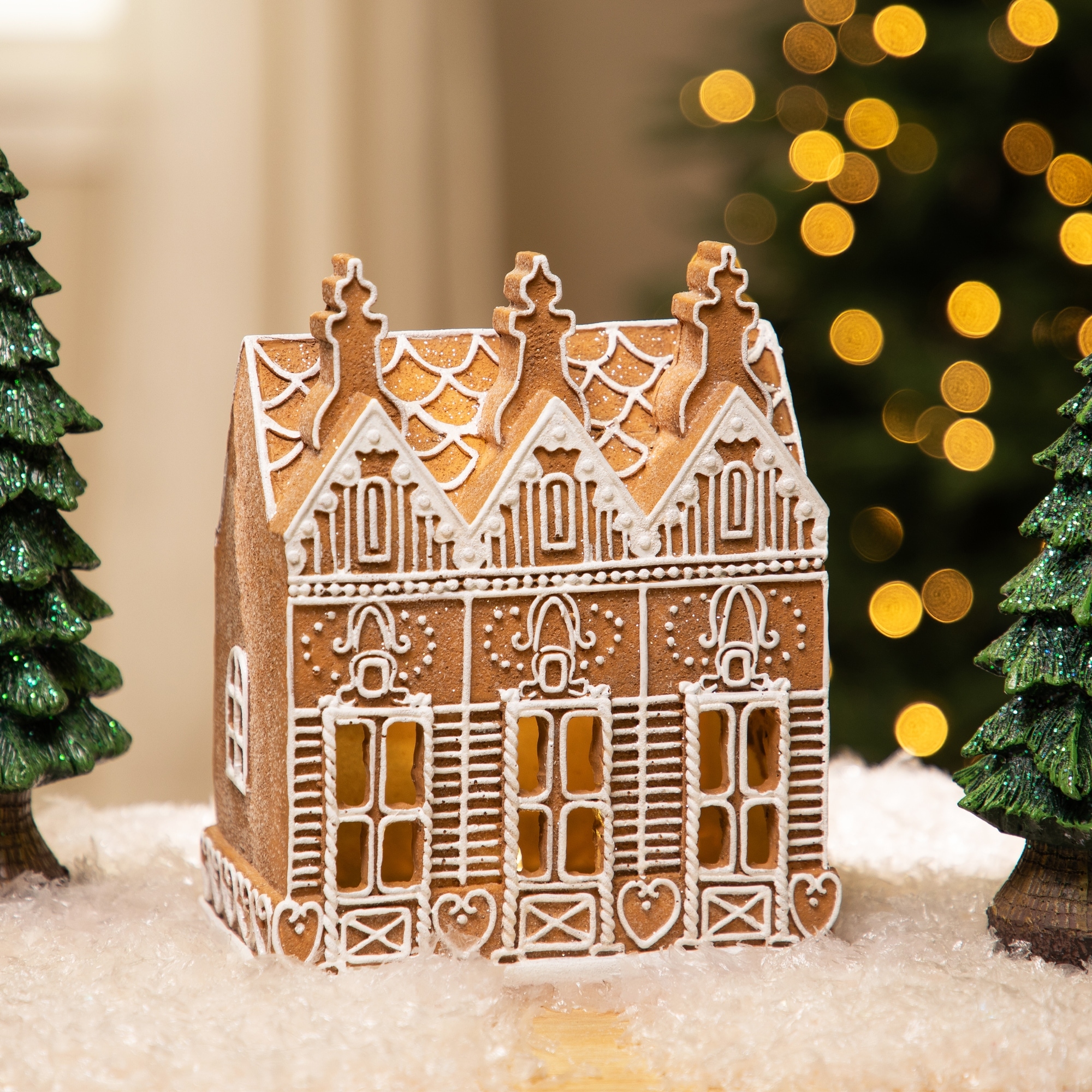 Lighted and Frosted Icing Triple Row Gingerbread House Christmas Decoration - 8"