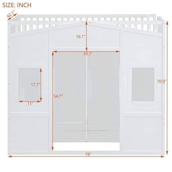dimension image slide 4 of 5, Twin/Full Size House Loft Bed with Bulit-in Wardrobe, Hanging Rod & Storage Shelves, Wooden Loft Bedframe with Window and Ladder