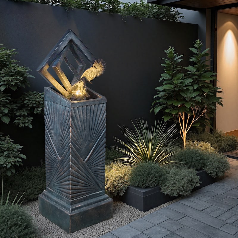 Vbal 46″ Modern Outdoor Polyresin Column Fountain with Eagle and LED Lights