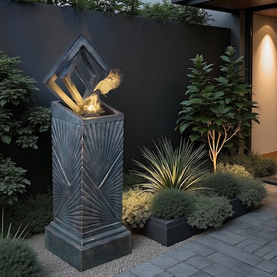 Vbal 46″ Modern Outdoor Polyresin Column Fountain with Eagle and LED Lights