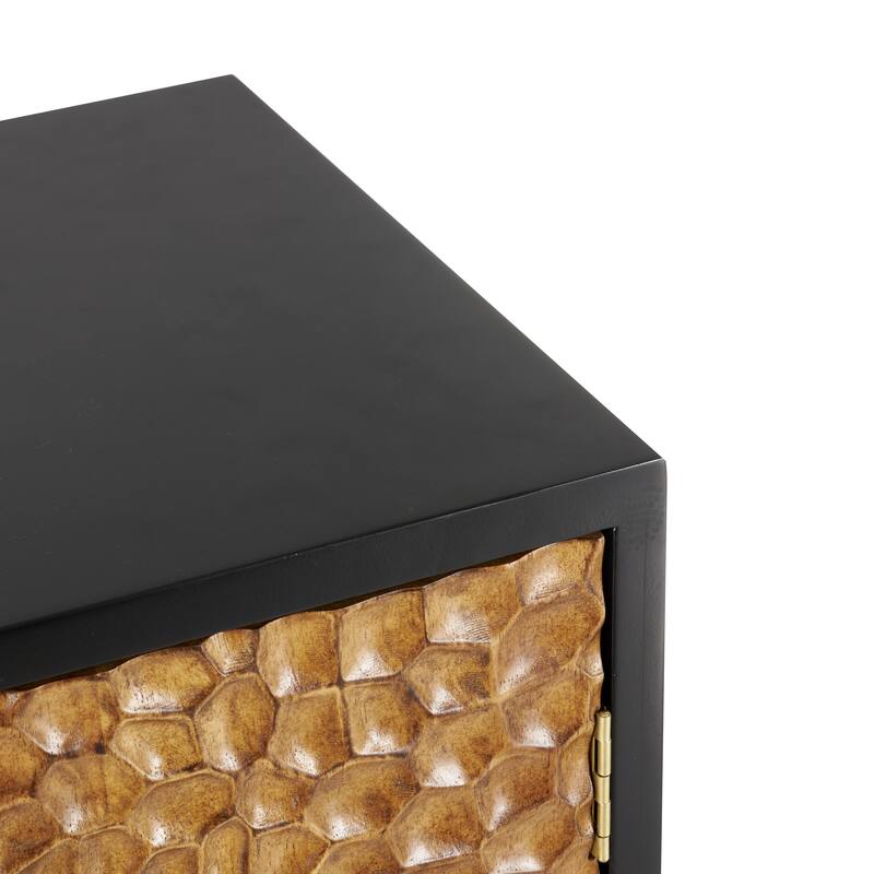 Wooden Handmade Carved Pebbled 3 Door Sideboard with Black Metal Frame - Brown - Roche River Decor