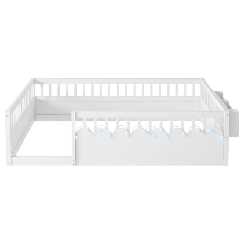 Wooden Kids Montessori Floor Bed with LED Light and Storage Shelf, No Slats