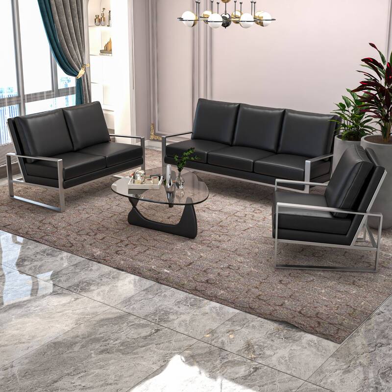 3-Piece Leather Sofa Set Brushed Stainless Steel Base and Removable Cushions