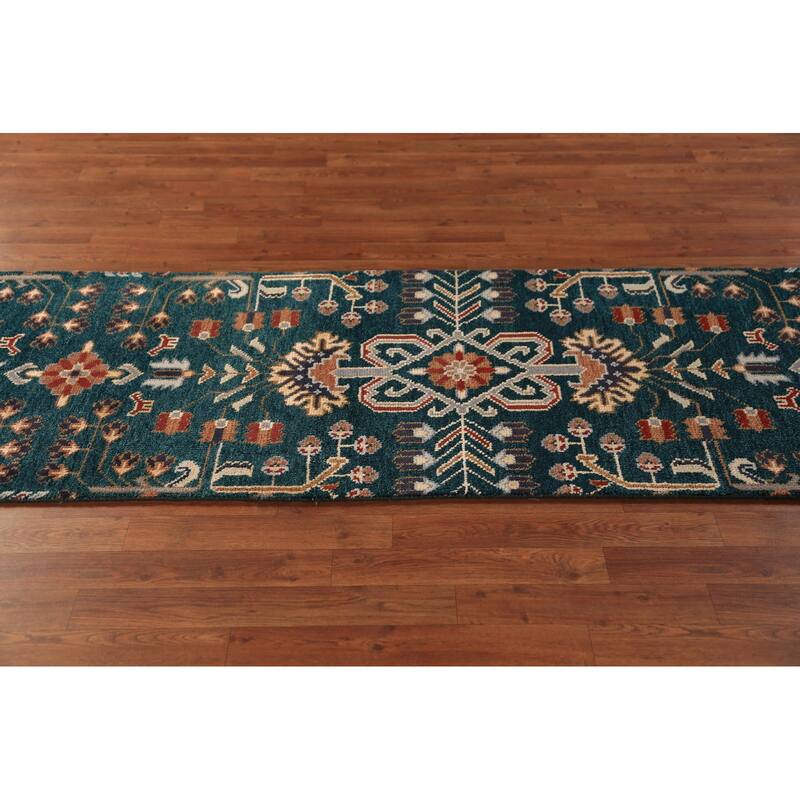 All-Over Green Tribal Kazak Indian Runner Rug Handmade Wool Carpet - 2'7"x 9'10"