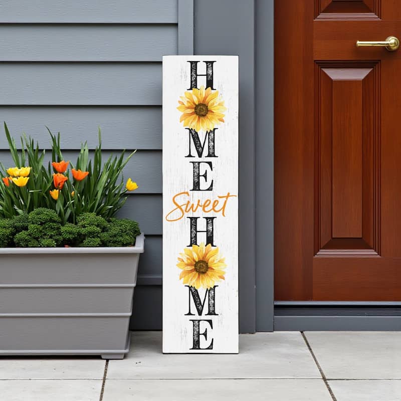 HomeRoots 36" White Black And Yellow Solid Wood Sunflowers Home Sweet Home Porch Sign - Yellow/White/Black - Wood