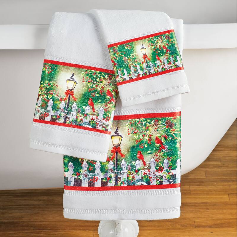 Holly Night Cardinal Christmas Bathroom 3pc. Towel Set - 16.600 x 12.750 x 1.250 - White - 16.600 x 12.750 x 1.250