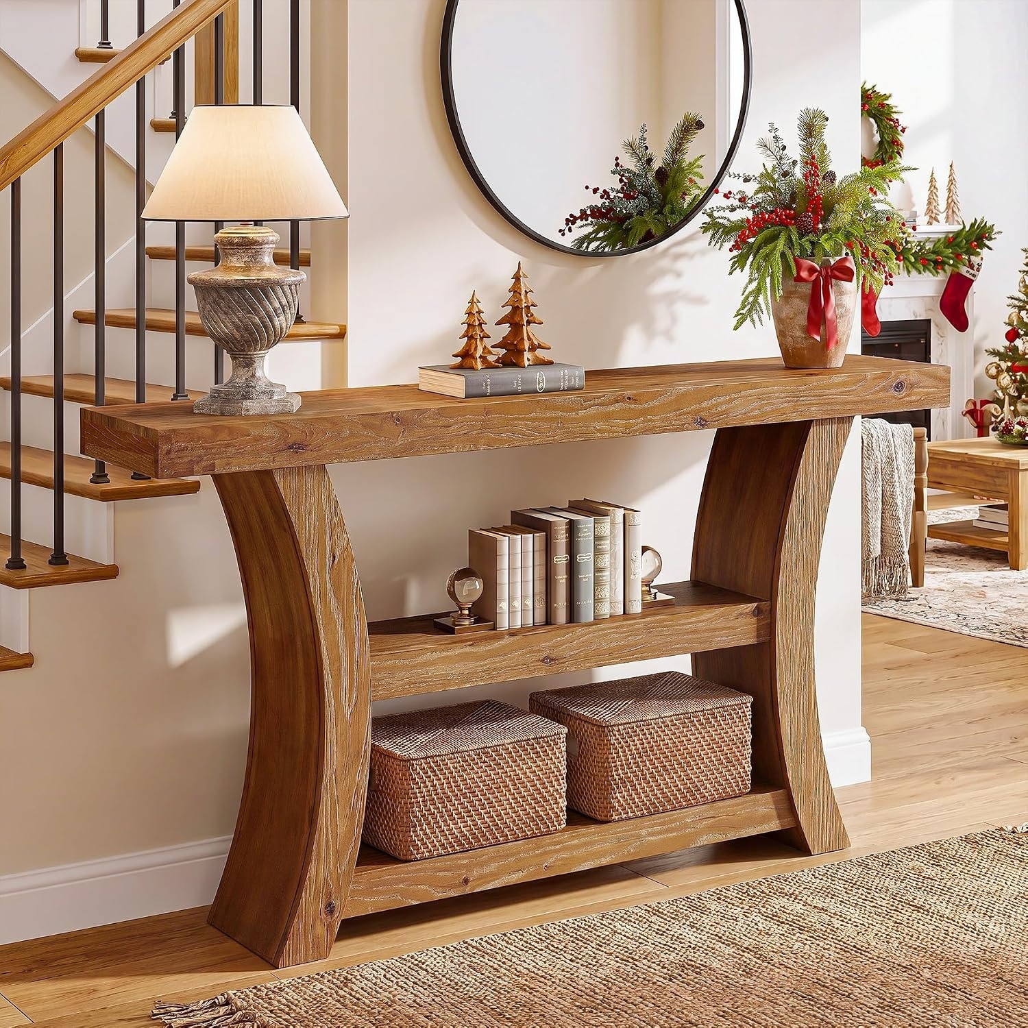 55" Solid Wood Console Tables for Entryway, 3-Tier Rustic Farmhouse Sofa Table with Storage - 55.12" L × 11.81" W × 31.5" H
