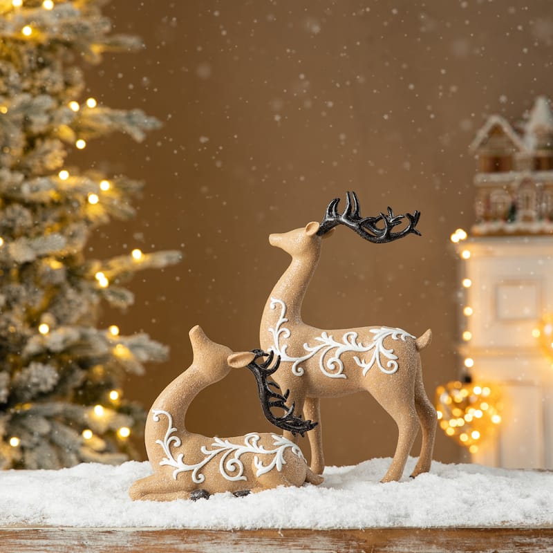 Glitzhome 11.75"L Set of 2 Resin Christmas Reindeer Table Decor