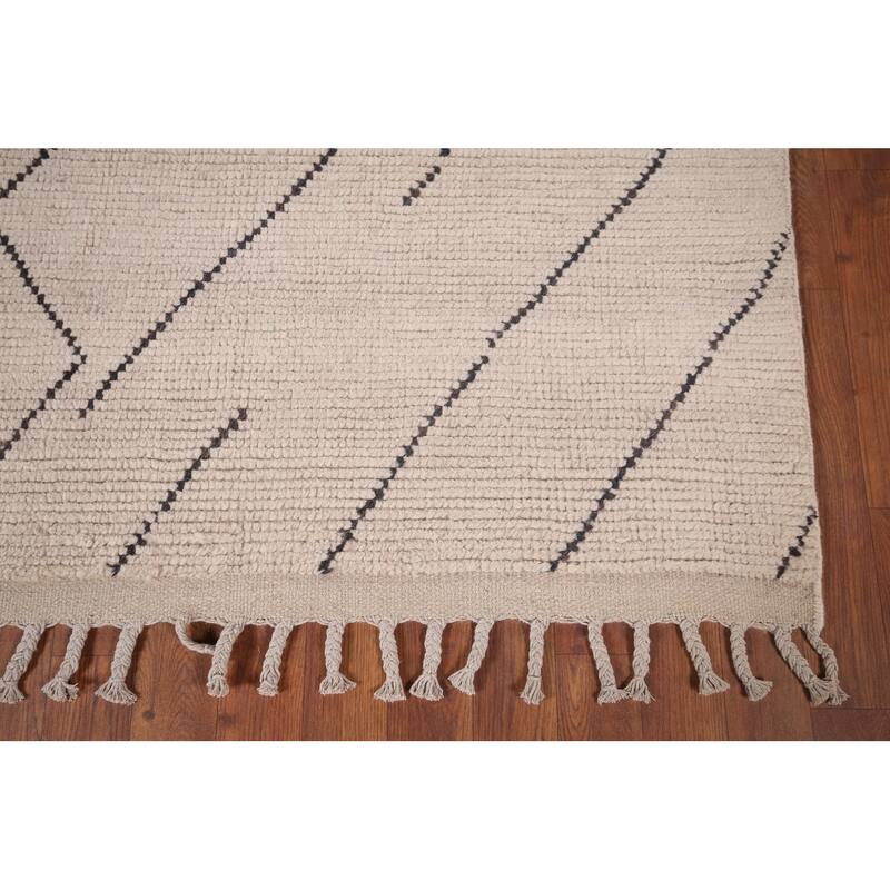 All-Over Ivory Moroccan Modern Area Rug Hand-Knotted Wool Carpet - 6'10"x 10'8"