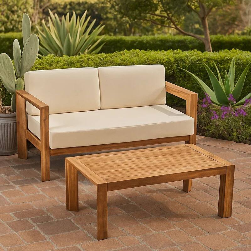 Outdoor Loveseat and Coffee Table Set, Beige Fabric, Brown Acacia Wood