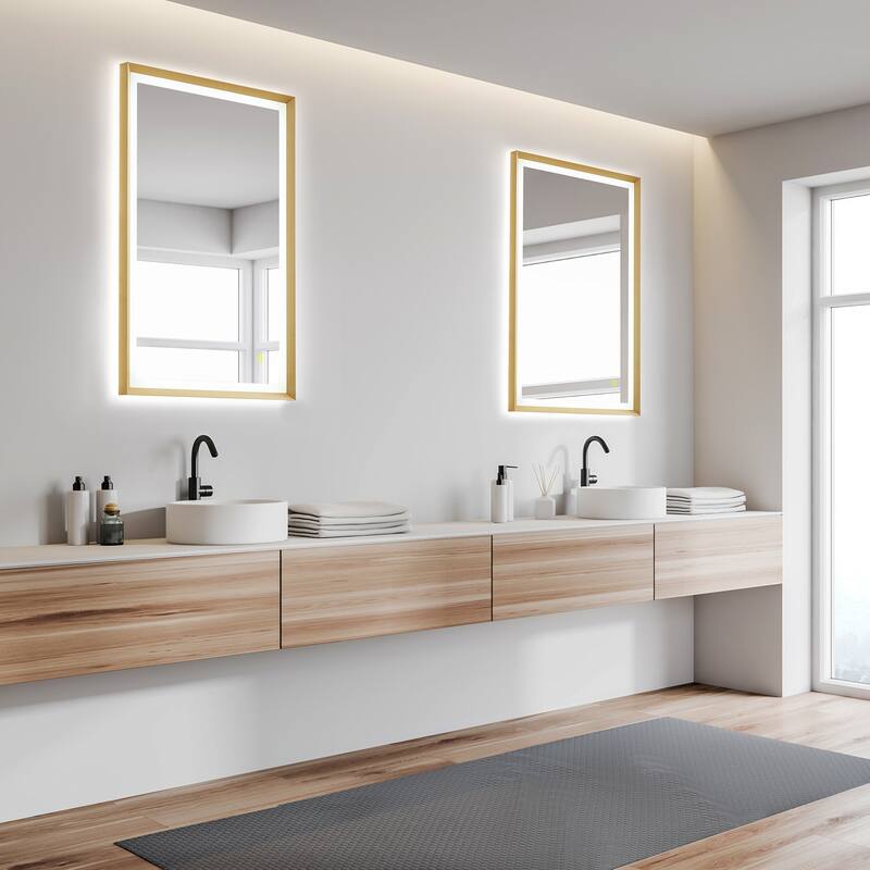 Apollo Rectangular Anti-Fog Dimmable Modern Bathroom/Vanity LED Lighted Wall Mirror in Brushed Gold Aluminum Framed - 24" x 36" - Brushed Gold